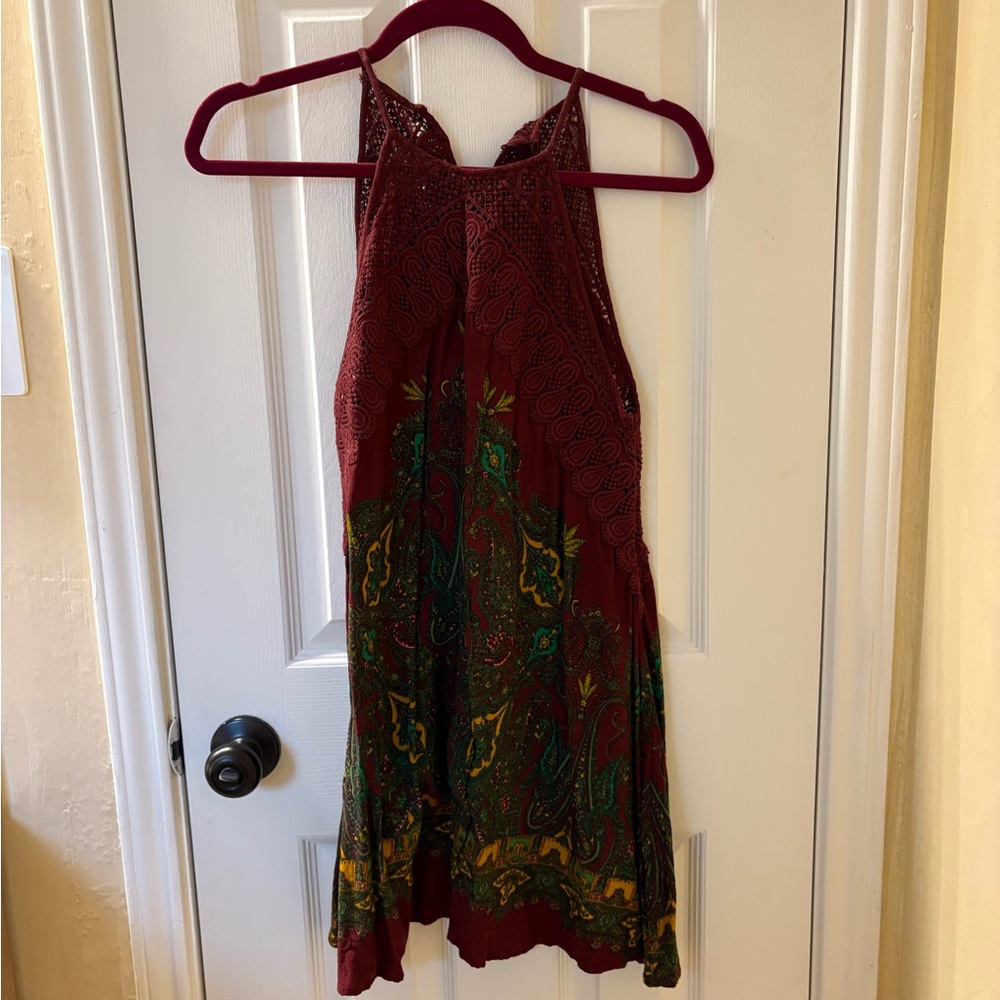 Free People Bohemian Red and Green Halter Dress - mini